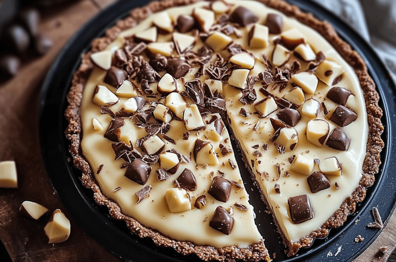 Une Tarte Kinder Bueno au Chocolat Blanc et Noisette gourmande et crémeuse, garnie de morceaux de Kinder Bueno, de noisettes grillées et de copeaux de chocolat, posée sur un plat à tarte élégant. Idéale pour un dessert festif.