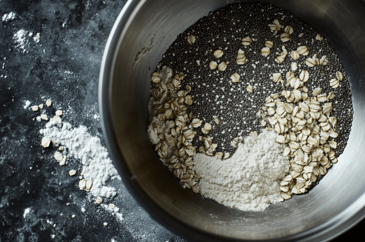 Pain à l'avoine et aux graines de chia tranché sur une planche en bois, avec des graines de chia et des flocons d'avoine éparpillés, vue rapprochée.