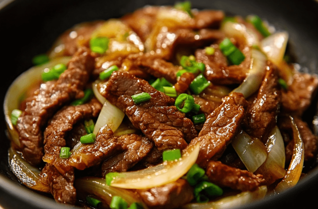 Bœuf Sauté aux Oignons avec riz et oignons caramélisés