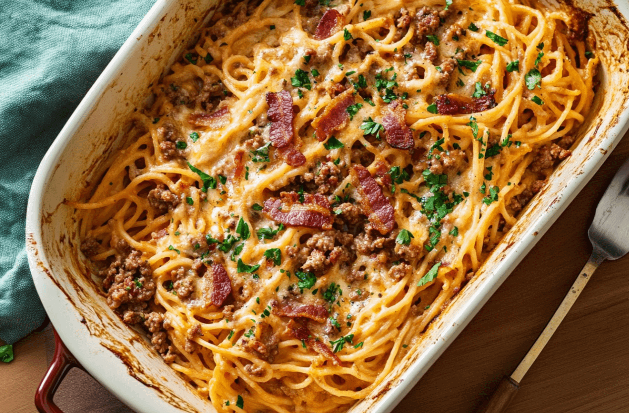 Spaghetti au Four avec Bœuf Haché et Bacon : Le Plat Réconfortant Par Excellence