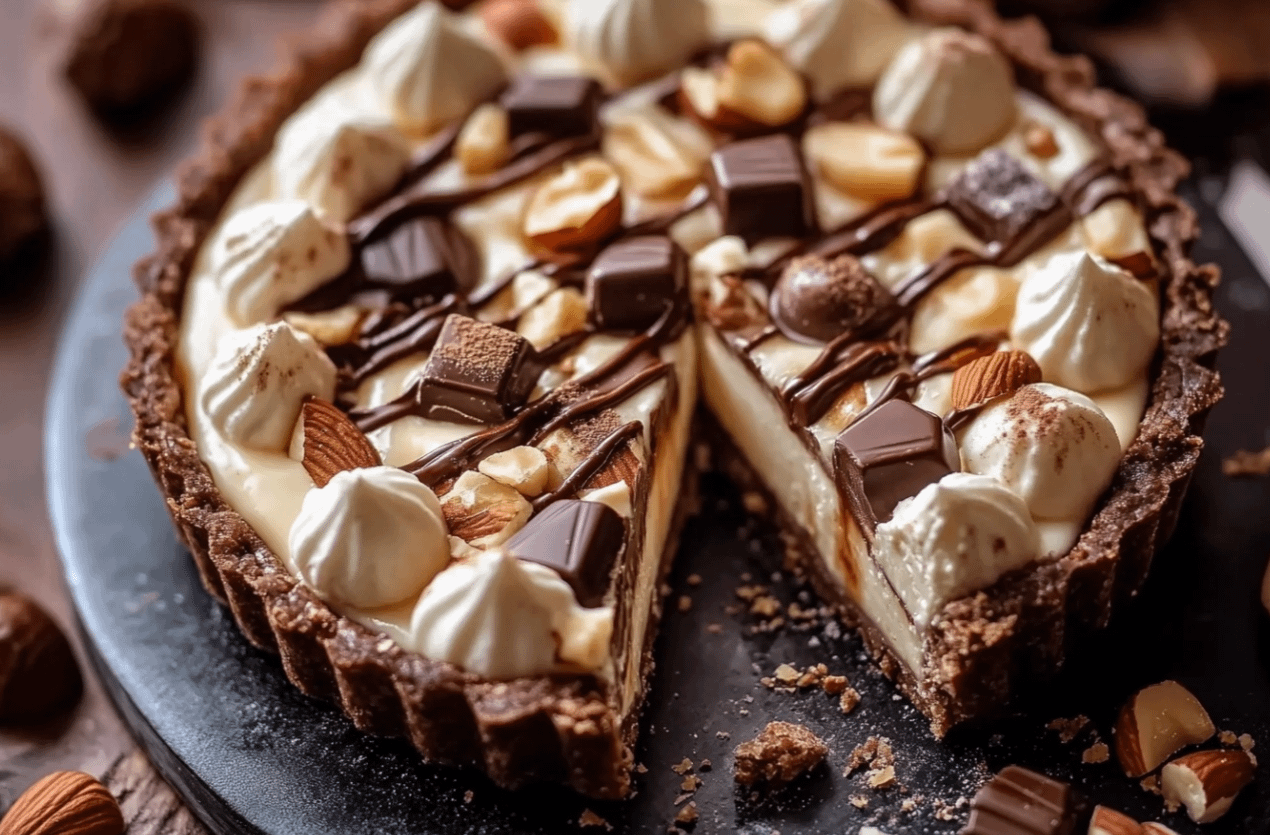 Une Tarte Kinder Bueno au Chocolat Blanc et Noisette gourmande et crémeuse, garnie de morceaux de Kinder Bueno, de noisettes grillées et de copeaux de chocolat, posée sur un plat à tarte élégant. Idéale pour un dessert festif.