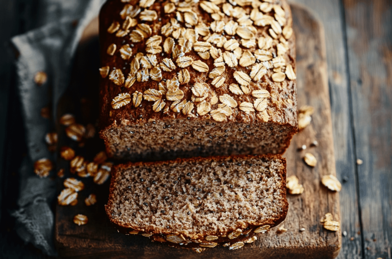 Pain à l'avoine et aux graines de chia tranché sur une planche en bois, avec des graines de chia et des flocons d'avoine éparpillés, vue rapprochée.