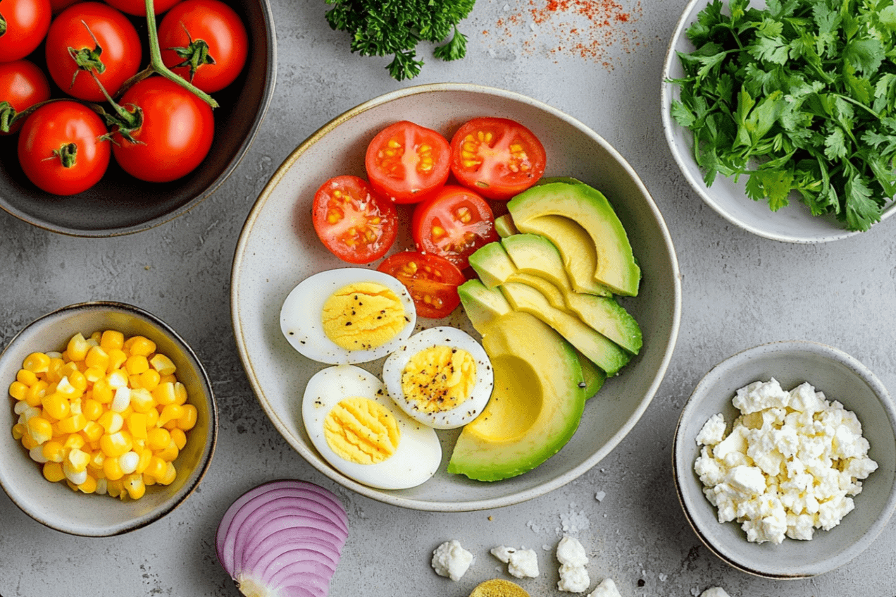 Bol énergétique œuf-avocat coloré avec tomates, maïs et feta pour petit-déjeuner sain