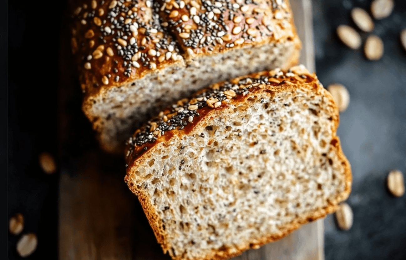 Pain à l'avoine et aux graines de chia tranché sur une planche en bois, avec des graines de chia et des flocons d'avoine éparpillés, vue rapprochée.